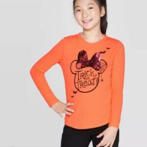 Disney Halloween Orange Long Sleeve Tee T-Shirt Minnie Mouse Sequin Bow Girls XS